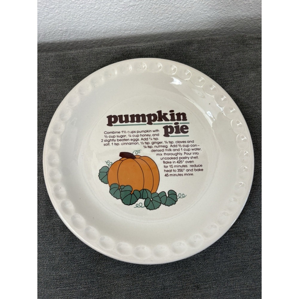 Vintage 1970s-80s Ceramic Pottery Pumpkin Pie Recipe Pie plate 10" Thanksgiving